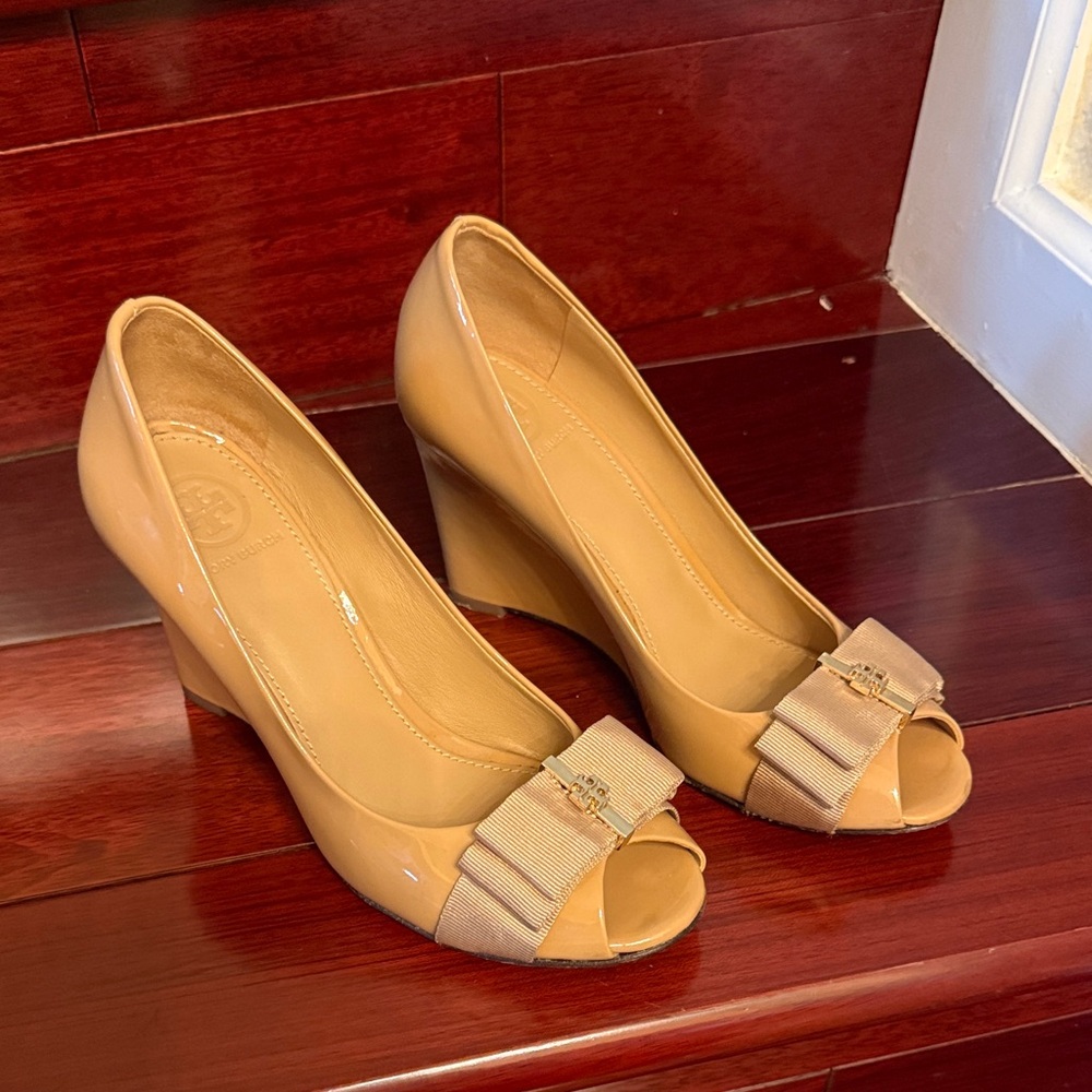 Tory Burch Tan Peep-Toe Wedges